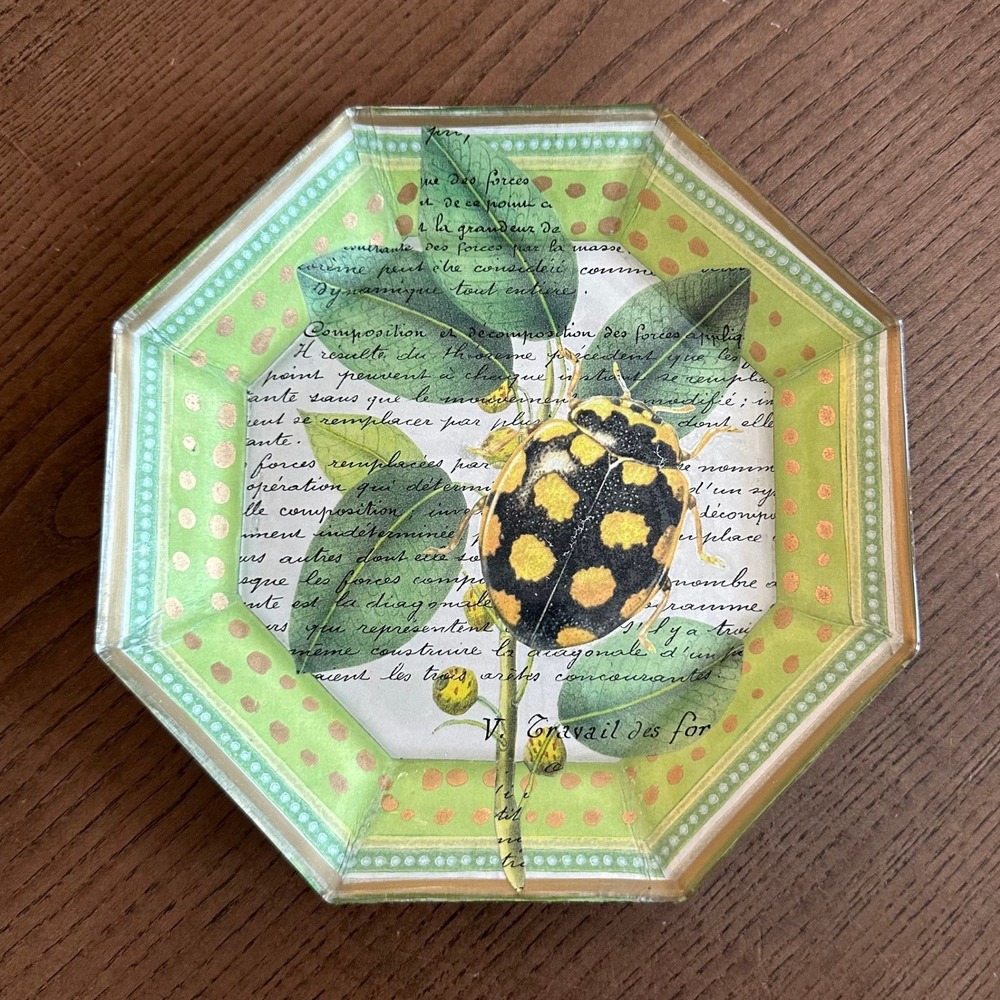 John Derian 1992 Signed Octagon Beetle Decoupage Glass Tray 7 Inch Nantucket